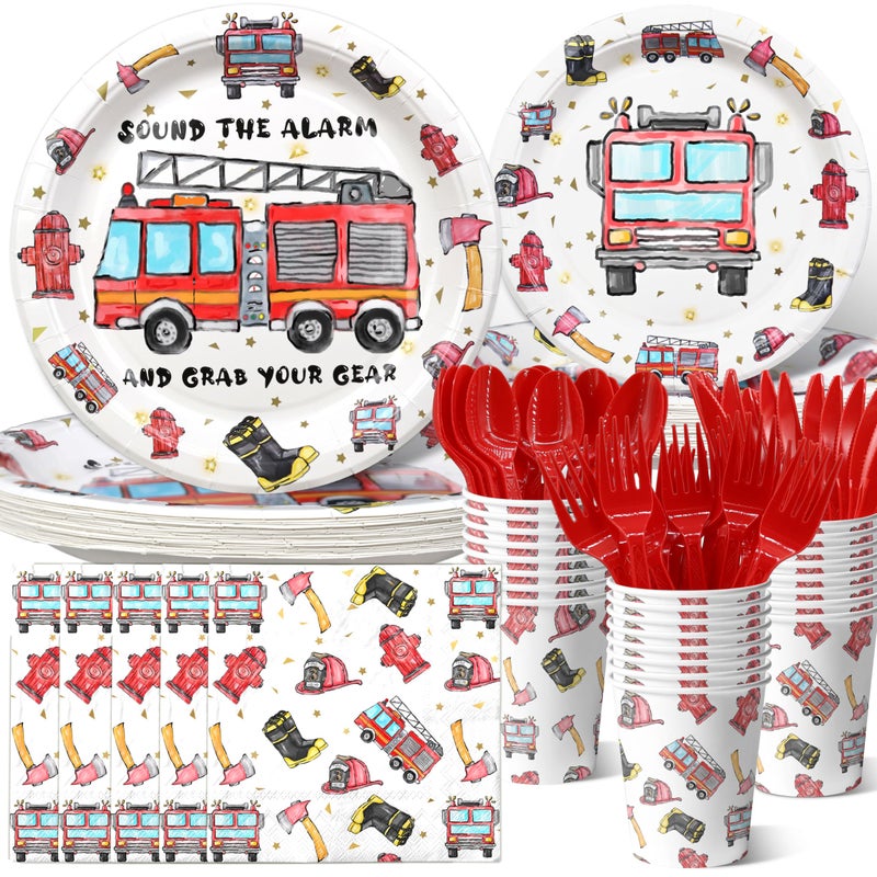 HaPiBiDesign Fire Truck Party Supplies for 20 Guests Firefighter Birthday Party Supplies Include Fire Truck Plates and Napkins Cups and Cutlery Fire Truck Birthday Decorations Tableware Set for Boys Birthday - Image 2