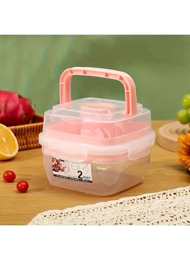 Pink Double Layer Salad Box With Fork Lid Yogurt Cup Portable Lunch Container - Image 1