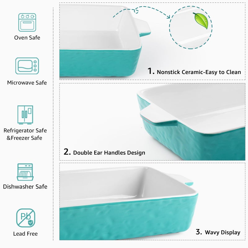 Krokori 4 QT Baking Dish, Casserole Dishes for Oven, 9x13 Baking Pan with Handles, Lasagna Pan Deep, Ceramic Casserole Dish Oven Safe for Baking, Lasagna, Kitchen, Wedding Gift (Aquamarine) - Image 3