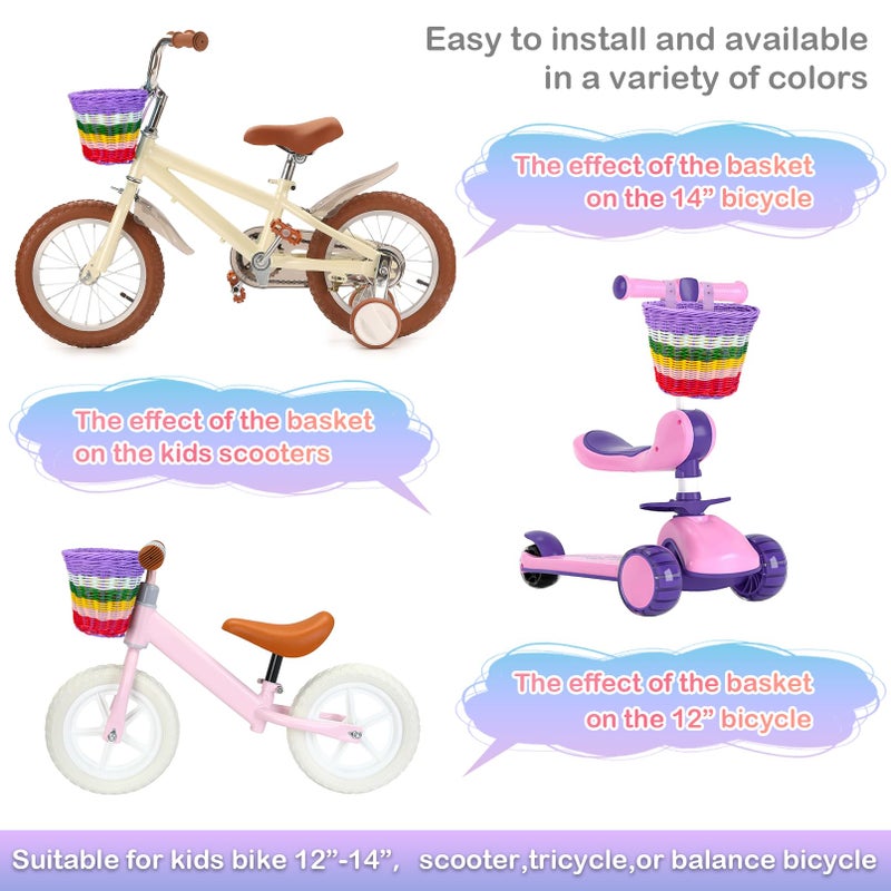 RainFlowwer Kids Bike Basket Front,Hand-Woven Rainbow-Color Boys Girls Front Bicycle Basket - Image 3