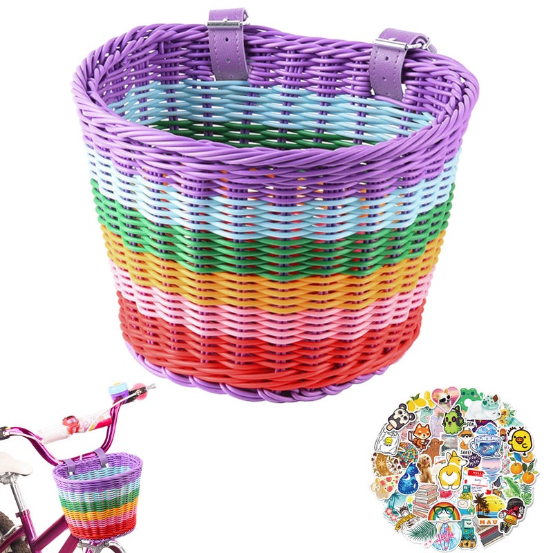 RainFlowwer Kids Bike Basket Front,Hand-Woven Rainbow-Color Boys Girls Front Bicycle Basket - Image 1