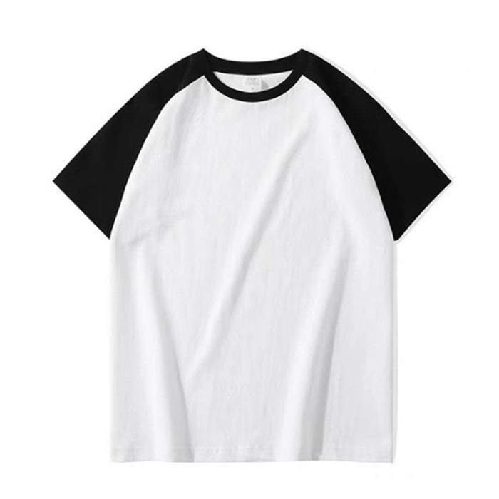 Cross-border solid color contrast stitching light plate blank version horn sleeve short sleeve T-shirt raglan sleeve jacket can be made black spell white 