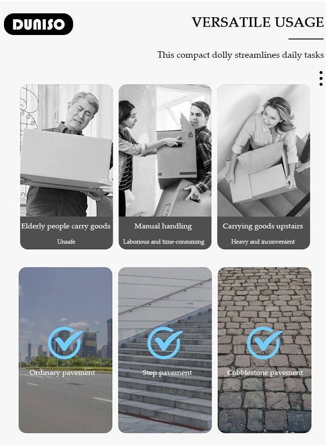DUNISO - عربة يدوية قابلة للطي ، عربة يدوية للتحريك مزودة بعجلات صامتة مقاومة للتآكل ، عربة يدوية ثقيلة قابلة للطي ، عربة مزودة بمقبض قابل للسحب وأنبوب فولاذي مقوى ، للمصانع والمخازن والتخزين المتنقل والمزيد - Image 1