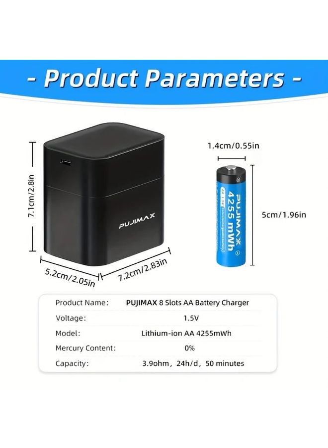 Pujimax 8 AA Rechargeable Lithium Batteries 4255mWh with 8 Slot USB C Fast Charger - Image 3