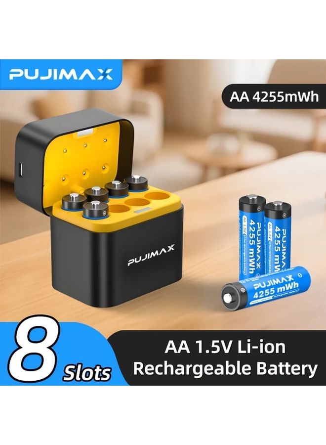 Pujimax 8 AA Rechargeable Lithium Batteries 4255mWh with 8 Slot USB C Fast Charger - Image 1