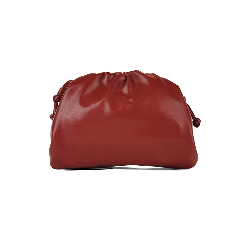 Cloud Pleated Clutch Small Korean Solid Soft Leather Evening Shoulder Bag wine red