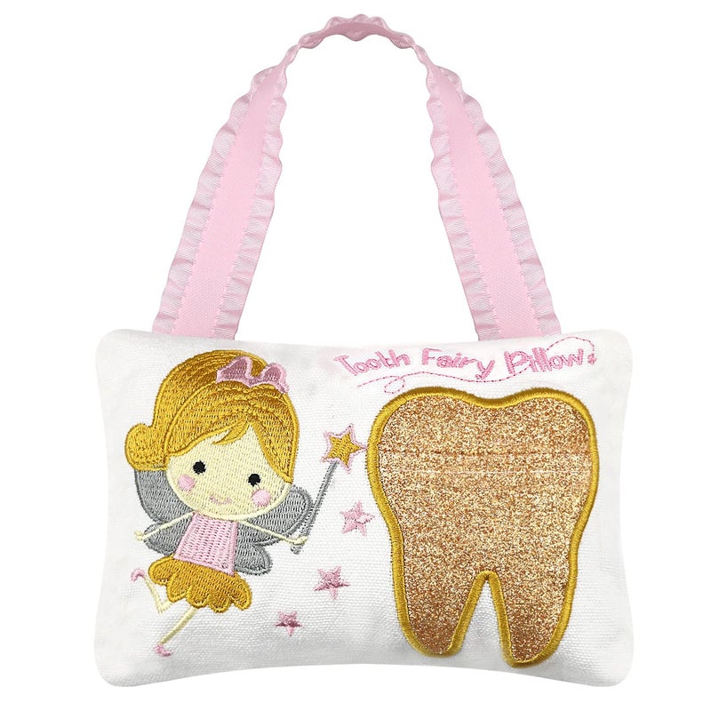 Tooth Fairy Pillow Embroidery Cartoon Fairy Gold Tooth Pocket with Gift Box Tooth Fairy Souvenir Children Gift for Girl Boy Gold