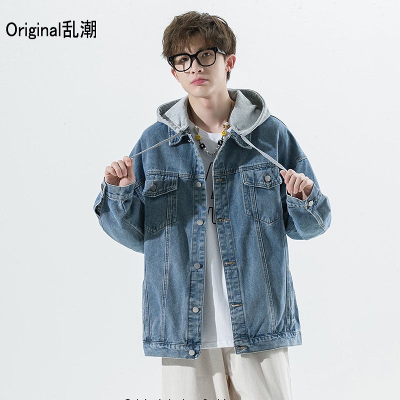 Spring and Autumn Denim coat mens Hong Kong style trendy all-match detachable hat jacket trendy brand all-match handsome couples outer pullover Blue - Image 1