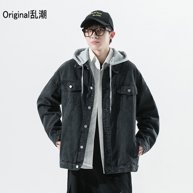 Spring and Autumn Denim coat mens Hong Kong style trendy all-match detachable hat jacket trendy brand all-match handsome couples outer pullover Blue - Image 2