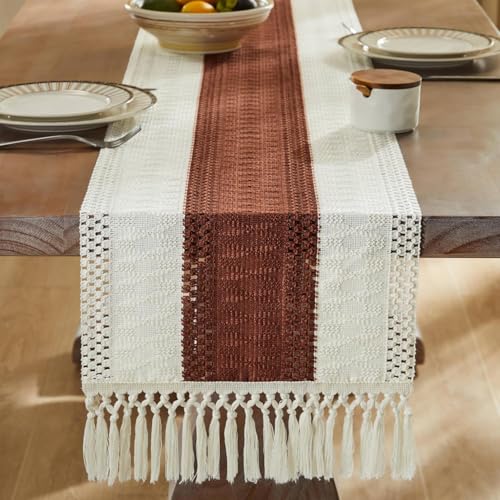 Slazie Premium Boho Design Cotton Table Runner with placemat Combos| Tassles| Table dcor| Dining Area |Dining Table|4-6 Seater Table Runner| Brown Patti - Image 1