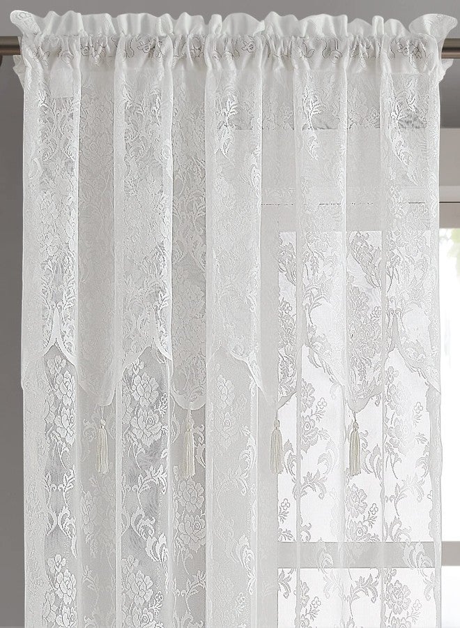LinenZone Pair of 2 Lace Curtain Panels with Attached Valance and 6 Tassels. Our 84 Inch Curtains Work Great for Living Room or Bedroom. (Mia 54 x 84, Ivory) - Image 3