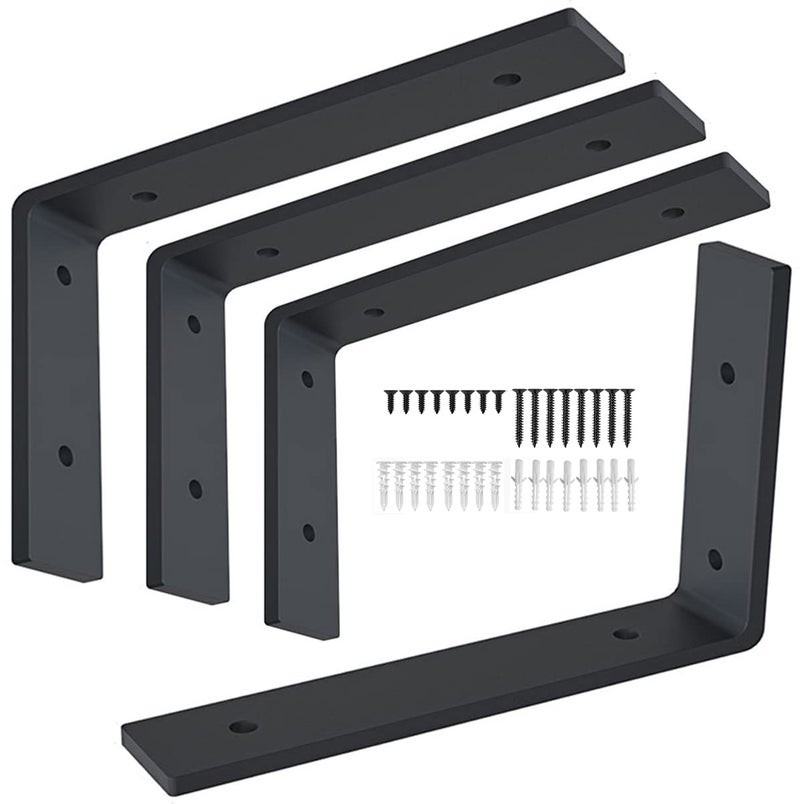 VOOVOO 12 Inch Shelf Bracket Heavy Duty L Shelf Bracket 12 x 8 Inch Metal Shelf Bracket with Hardware, Black, 4 Pack - Image 1