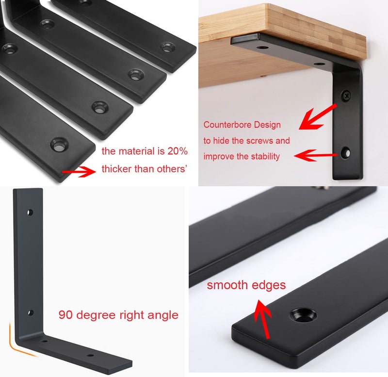 VOOVOO 12 Inch Shelf Bracket Heavy Duty L Shelf Bracket 12 x 8 Inch Metal Shelf Bracket with Hardware, Black, 4 Pack - Image 3