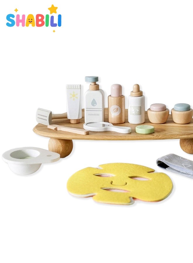 SHABILI Wooden Kids Makeup Mask Set for Girls – 17PCS Pretend Play Beauty Kit – Face Mask, Cream Jars, Skincare Bottles, Brush – Gift for Children Age 3+ – Role Play Educational Toy - Image 1