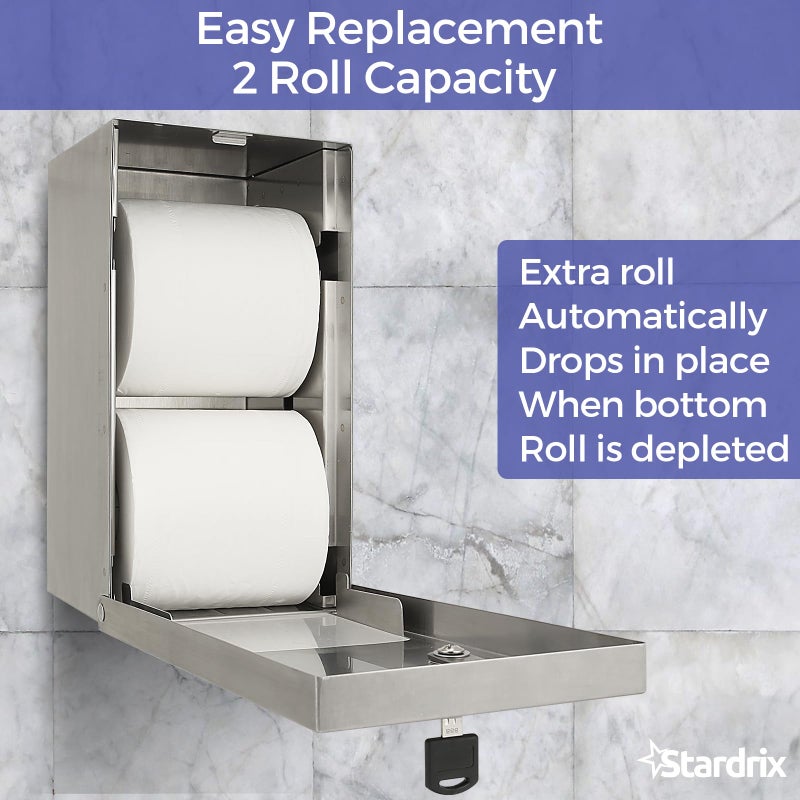 Stardrix 2 Roll Stainless Steel Commercial Toilet Paper Dispenser, Heavy Duty Wall Mount Tissue Holder with Lock for Restroom/Bathroom - Image 3