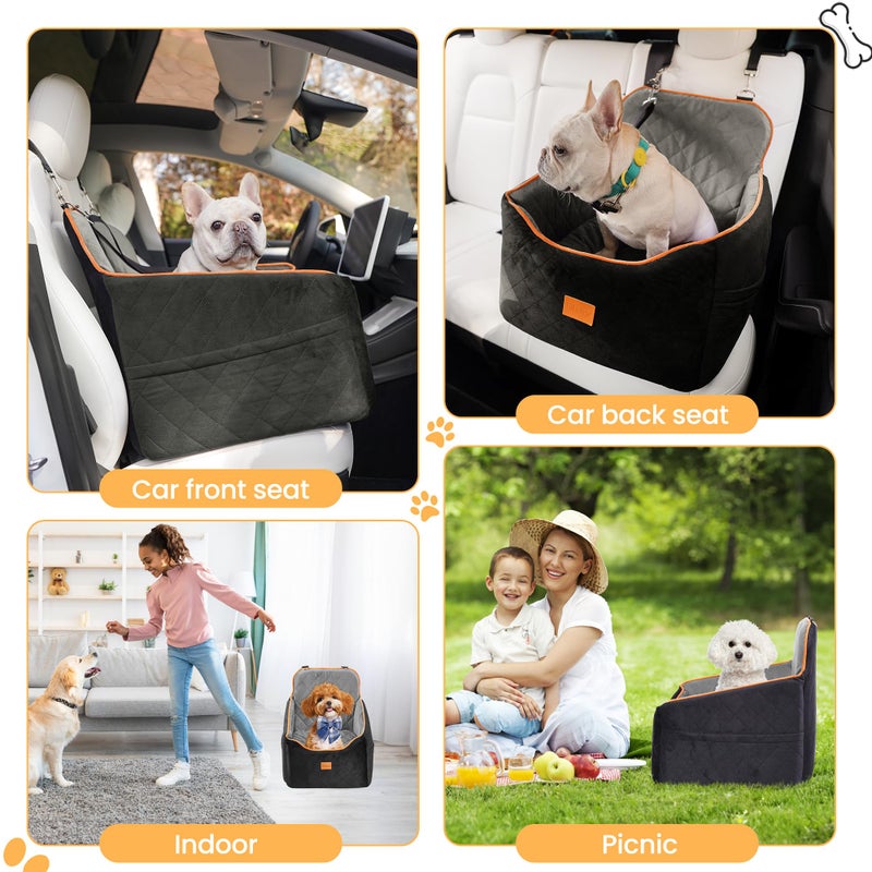 HiPetpy Dog Car Seat for Small Dog, Booster Seat for Dogs Under 30lb, Elevated Pet Seat with Pockets, Anti-Slip Bed for Car, Perfect for Front & Back Seats with Safety Leash (Black/Grey, Medium) - Image 5
