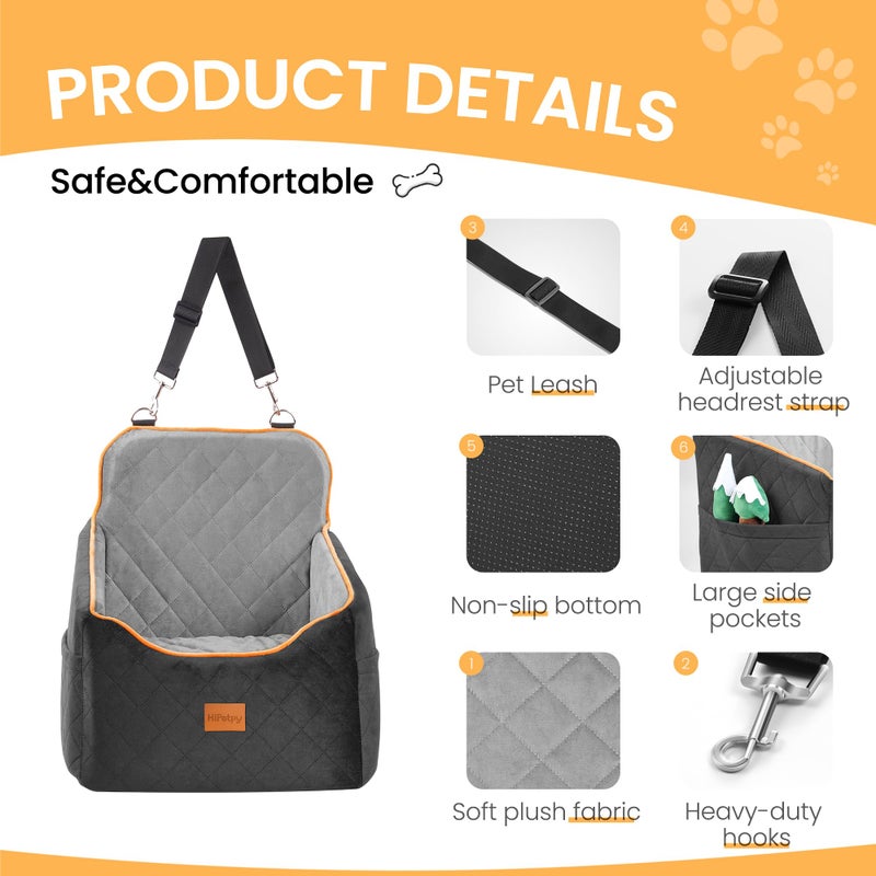 HiPetpy Dog Car Seat for Small Dog, Booster Seat for Dogs Under 30lb, Elevated Pet Seat with Pockets, Anti-Slip Bed for Car, Perfect for Front & Back Seats with Safety Leash (Black/Grey, Medium) - Image 4