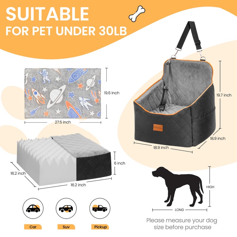 HiPetpy Dog Car Seat for Small Dog, Booster Seat for Dogs Under 30lb, Elevated Pet Seat with Pockets, Anti-Slip Bed for Car, Perfect for Front & Back Seats with Safety Leash (Black/Grey, Medium) - Image 3