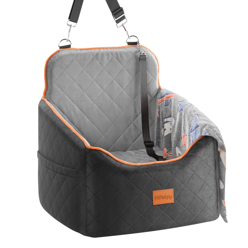 HiPetpy Dog Car Seat for Small Dog, Booster Seat for Dogs Under 30lb, Elevated Pet Seat with Pockets, Anti-Slip Bed for Car, Perfect for Front & Back Seats with Safety Leash (Black/Grey, Medium) - Image 1