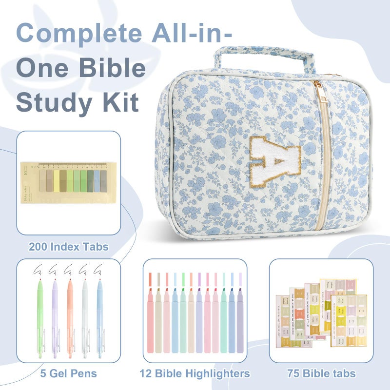 Iqimott Personalized Initial Bible Cover Case for Women Girls Kid - Large Quilted Bible Case with Handle, Stylish Chenille Letter Bag Study Supplies, Perfect Christmas Gifts for Christians (Blue Flower-A) - Image 3