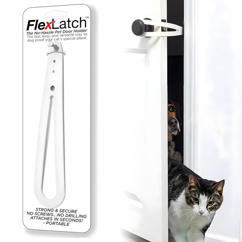 FlexLatch Cat Door Holder Latch Bright White Cat Door Alternative Installs Fast Flex Latch Strap Lets Cats in and Keeps Dogs Out of Litter Food Safe Baby Proof One Piece No Measuring Extra Easy