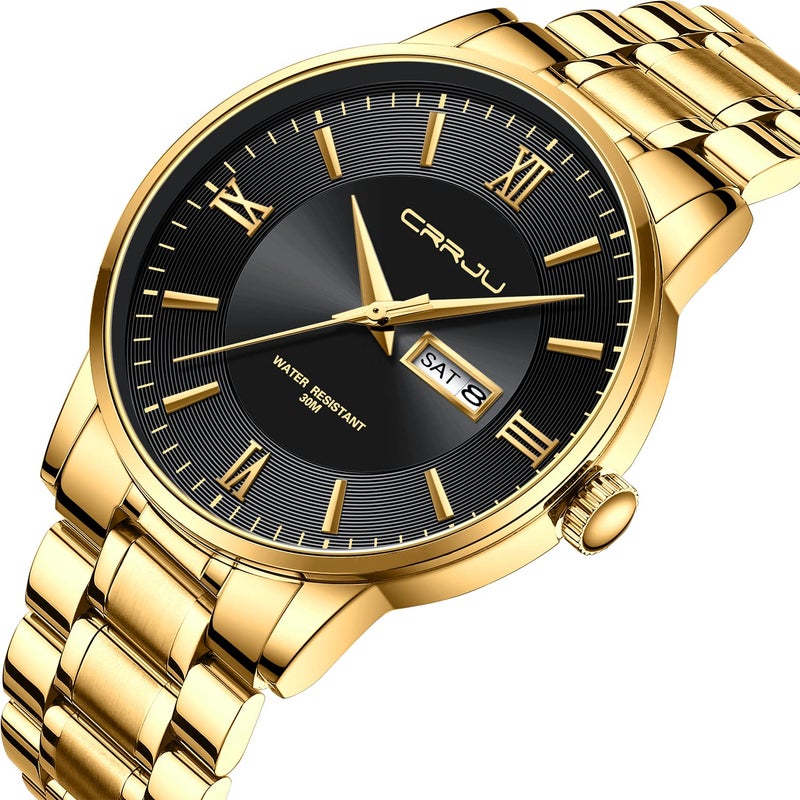 CRRJU Men's Fashion Luxury Golden Auto Date Watches Business Casual Japan Movement Quartz Waterproof Wristwatches for Men,Golden Stainsteel Steel Band Watch - Image 2