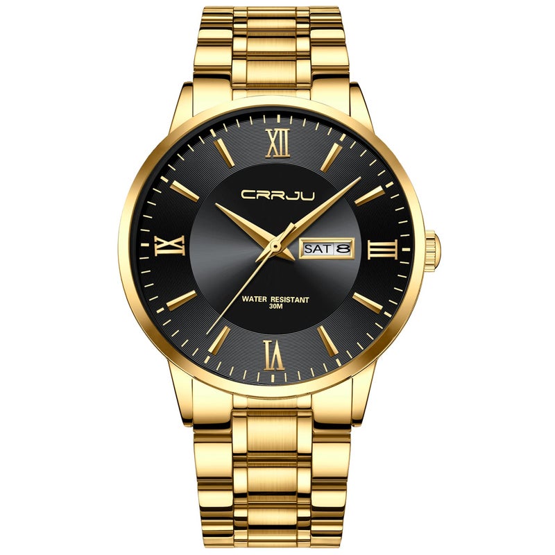 CRRJU Men's Fashion Luxury Golden Auto Date Watches Business Casual Japan Movement Quartz Waterproof Wristwatches for Men,Golden Stainsteel Steel Band Watch - Image 1
