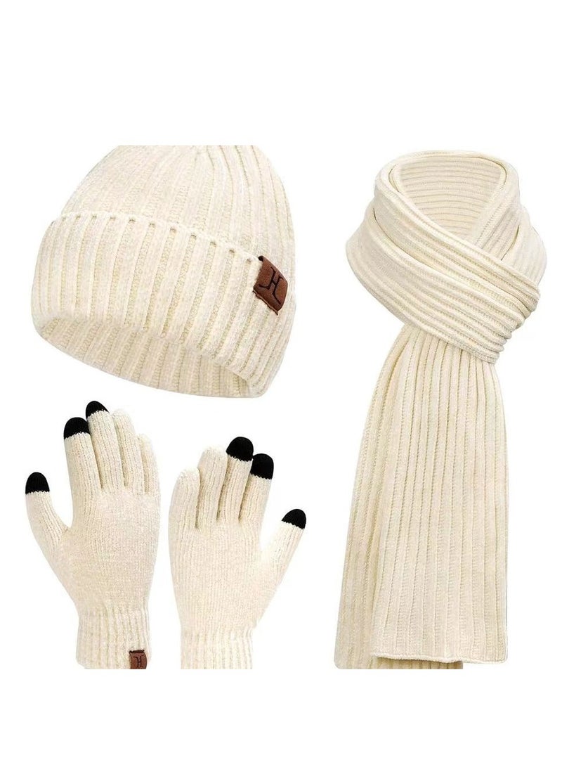 Generic Womens Winter Knit Warm Hat Beanie+Long Scarf+Touch Screen Gloves Set Skull Caps Neck Scarves for Women Men - Image 1