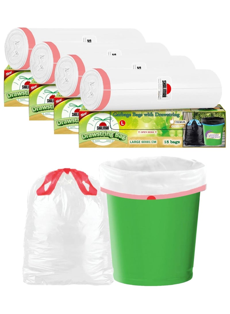 shalimar Shalimar Premium OXO-Biodegradable Drawstring Garbage Bag – 60 Bags (4 Rolls) – 61 x 81 cm – Fits 8 Gallon Bins – Large Size Dustbin/Trash Bags – OXO Biodegradable & Leak-Proof – White  - Image 1