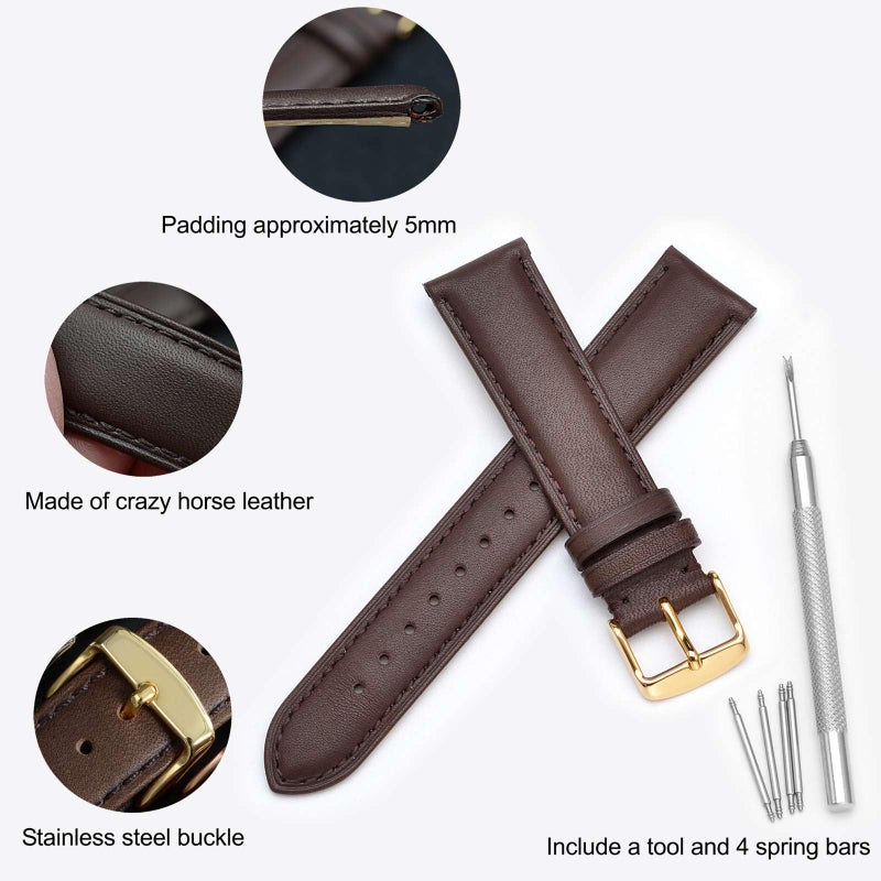 WOCCI 18mm Vintage Leather Watch Band for Men and Women, Gold Buckle (Dark Brown) - Image 4