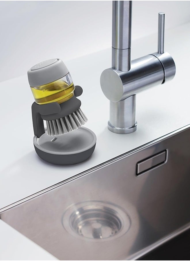 Bukela - Dish Brush with Soap Dispenser, Dishwashing Kitchen Scrub Brushes Dish Scrubber with Holder Drip Tray, for Cleaning Pan, Pot, Sink(Grey) - Image 1