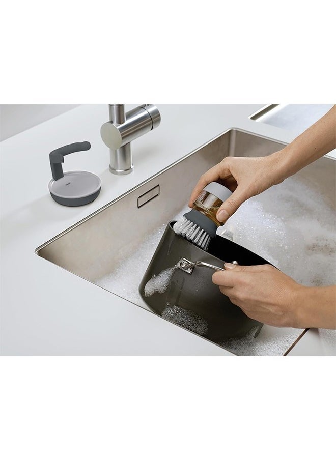 Bukela - Dish Brush with Soap Dispenser, Dishwashing Kitchen Scrub Brushes Dish Scrubber with Holder Drip Tray, for Cleaning Pan, Pot, Sink(Grey) - Image 1