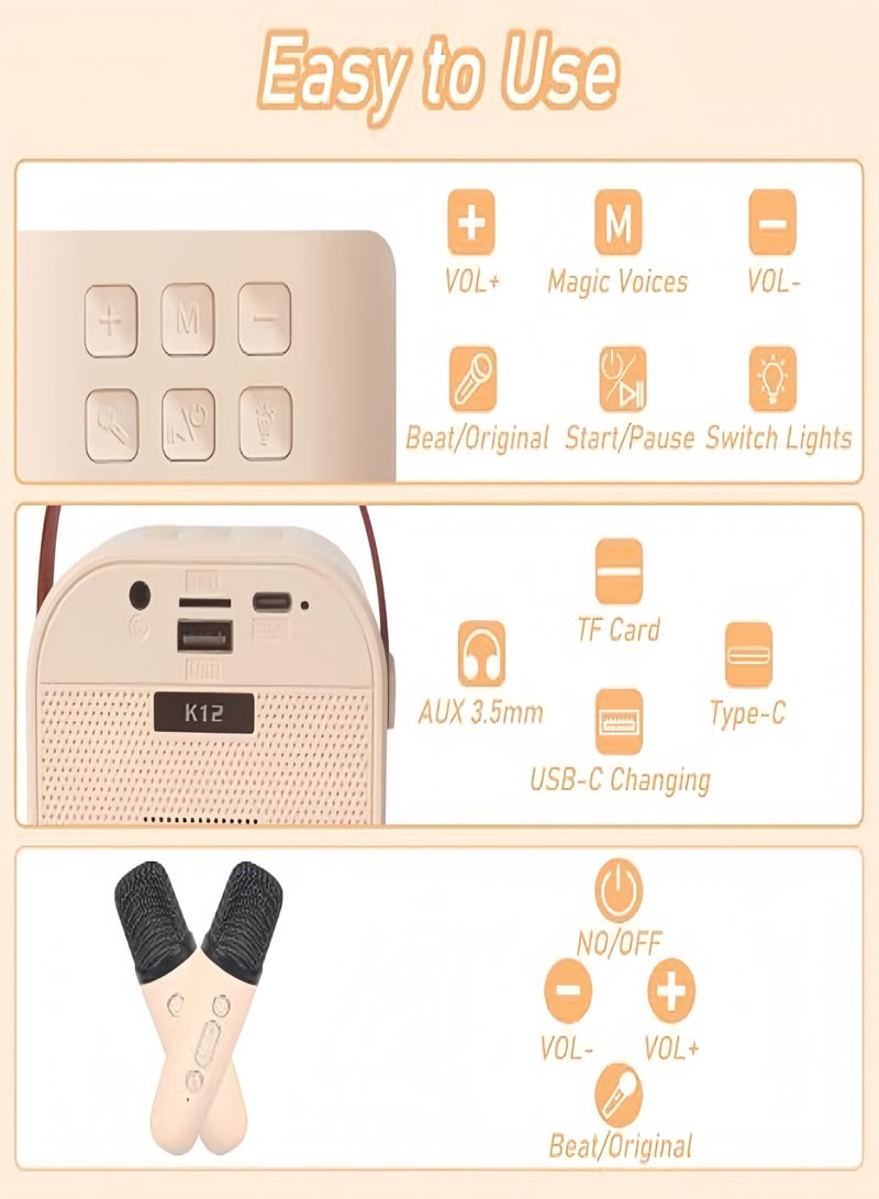 Wish Portable Bluetooth Karaoke Speaker with 2 Wireless Microphones, RGB Colorful Light-up Music Player Toys for Kids Boys Girs Gifts, Home Party Outdoor Singing White - Image 3