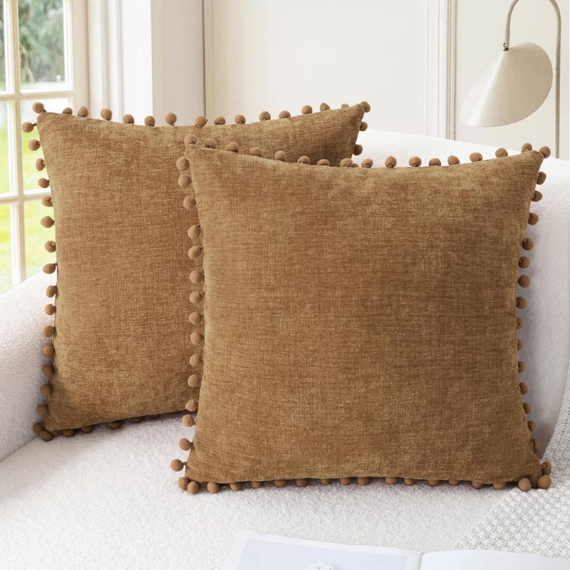 CaliTime Throw Pillow Covers Decorative 18 X 18 Inches Pack of 2 Cozy Solid Dyed Soft Chenille Cushion Cases with Pom Poms for Couch Sofa Bed Living Room Home Apricot Brown - Image 2