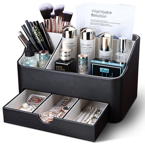KINGFOM Desk Organizer with Drawer, Multifunction Pencil Holder for Desk, Desk Organizer and Accessories 5 Comparetments for Home Office Supplies (Black) - Image 2