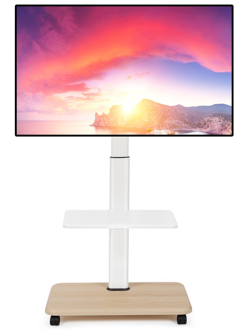 Maiproo عربة تلفاز متحركة للعرض على عجلات لتلفزيونات 32-70 بوصة مسطحة/منحنية LED/LCD/OLED قابلة للتعديل في الارتفاع، حاملة تلفاز محمولة على عجلات بوزن يصل إلى 100 رطل مع رف للكمبيوتر المحمول وDVD لغرفة النوم أو في الهواء الطلق باللون الأبيض - Image 1