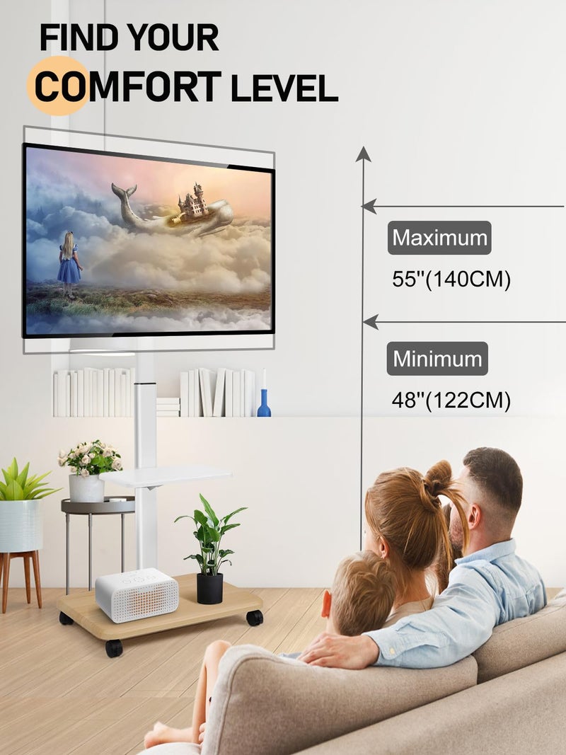 Maiproo عربة تلفاز متحركة للعرض على عجلات لتلفزيونات 32-70 بوصة مسطحة/منحنية LED/LCD/OLED قابلة للتعديل في الارتفاع، حاملة تلفاز محمولة على عجلات بوزن يصل إلى 100 رطل مع رف للكمبيوتر المحمول وDVD لغرفة النوم أو في الهواء الطلق باللون الأبيض - Image 2