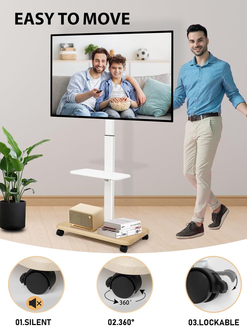 Maiproo عربة تلفاز متحركة للعرض على عجلات لتلفزيونات 32-70 بوصة مسطحة/منحنية LED/LCD/OLED قابلة للتعديل في الارتفاع، حاملة تلفاز محمولة على عجلات بوزن يصل إلى 100 رطل مع رف للكمبيوتر المحمول وDVD لغرفة النوم أو في الهواء الطلق باللون الأبيض - Image 4