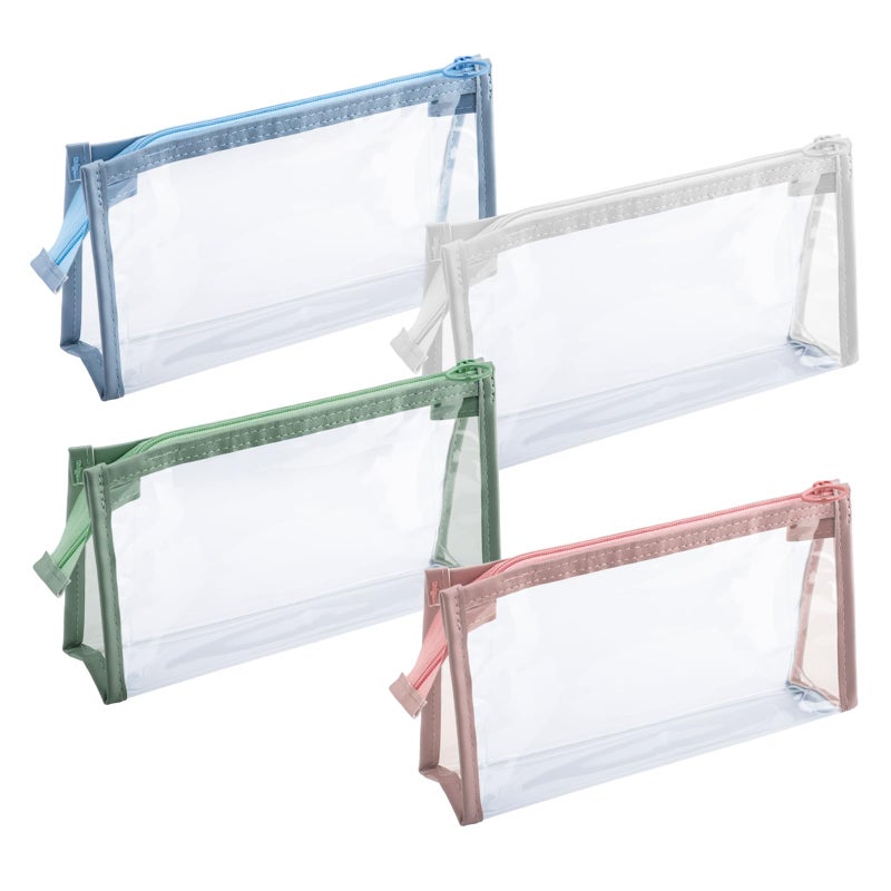XJMWXHFC 4Pcs Travel Cosmetic Makeup Bags, Clear Pencil Cases, Transparent Pencil Pouch with Zipper, Multi-function Stationery Organizer for Adults Home, Office, Vacation (Blue, Green, White, Pink) - Image 1
