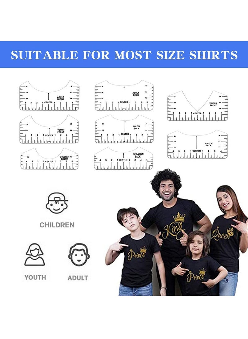 سيوسي مجموعة من 8 قطع من دليل مسطرة تي شيرت أبيض لنقل الحرارة من الفينيل لتصميمات مركز محاذاة القمصان، دائرية ورقبة على شكل حرف V من الأمام والخلف تلبي احتياجاتك 3 مقاسات مناسبة لجميع الأعمار - Image 5