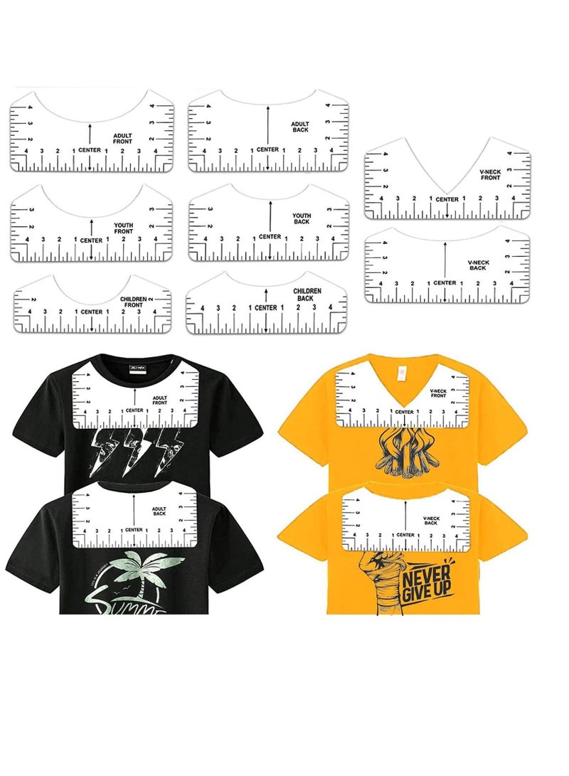 سيوسي مجموعة من 8 قطع من دليل مسطرة تي شيرت أبيض لنقل الحرارة من الفينيل لتصميمات مركز محاذاة القمصان، دائرية ورقبة على شكل حرف V من الأمام والخلف تلبي احتياجاتك 3 مقاسات مناسبة لجميع الأعمار - Image 1