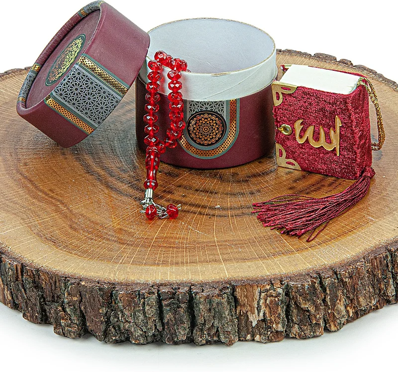 ايهفان اونلاين Mini Cylinder Boxed Gift Quran Set with Rosary for Ihvan Online Mevlüt Claret Red