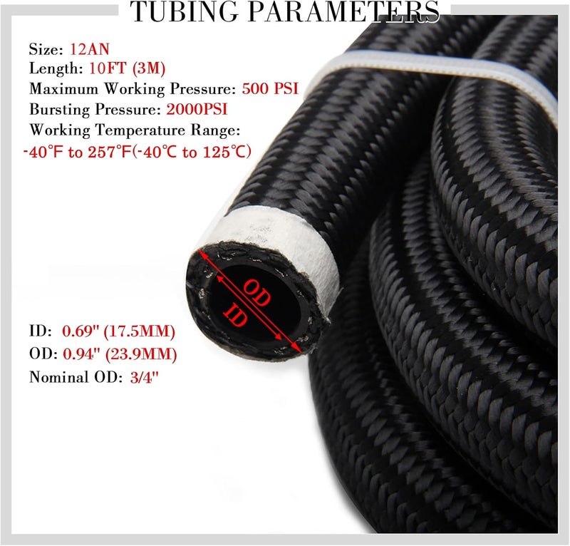 YIUIY 12AN 3/4" 10FT Fuel Line Hose CPE Braided Nylon Stainless Steel for Diesel Gas Coolant Black - Image 2