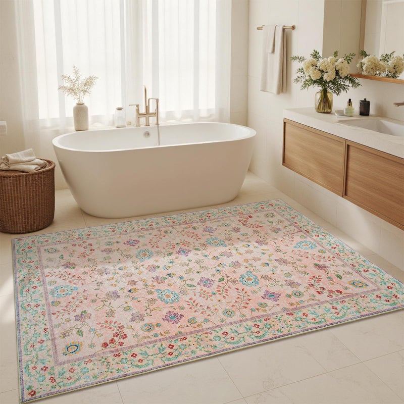 Goideal Pale Pink Nursery Rug, 5x7 Floral Washable Area Rug Non Slip, Boho Low Pile Carpet with Rubber Backing for Bedroom Living Room Bathroom Playroom Entryway Office - Image 5
