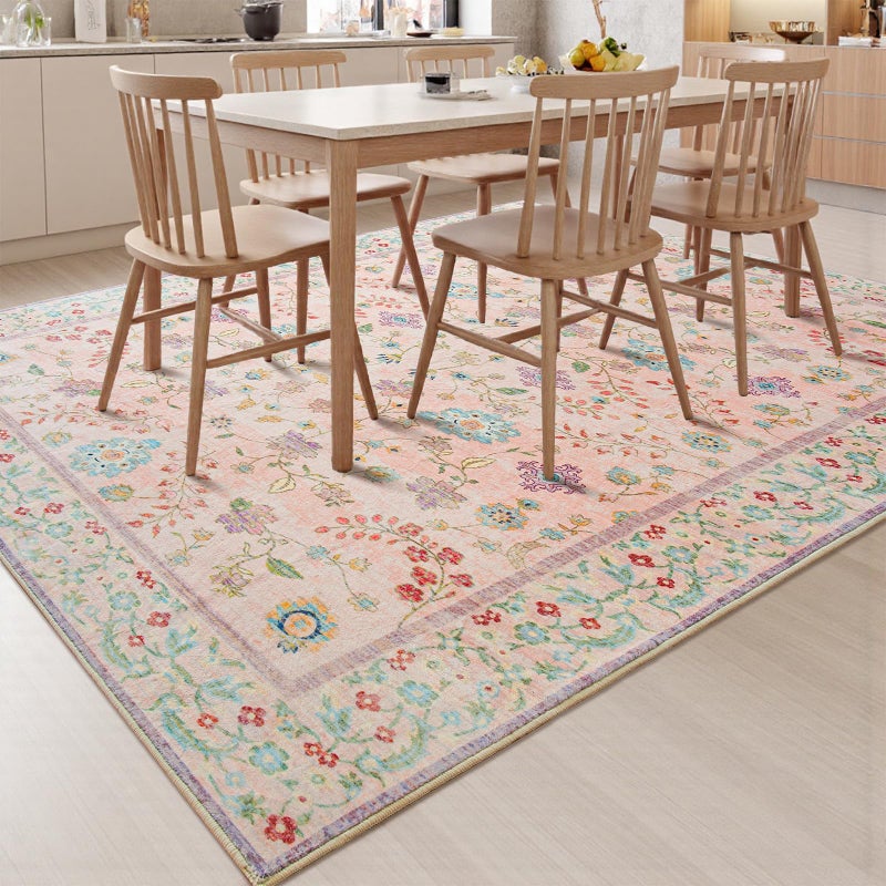 Goideal Pale Pink Nursery Rug, 5x7 Floral Washable Area Rug Non Slip, Boho Low Pile Carpet with Rubber Backing for Bedroom Living Room Bathroom Playroom Entryway Office - Image 4