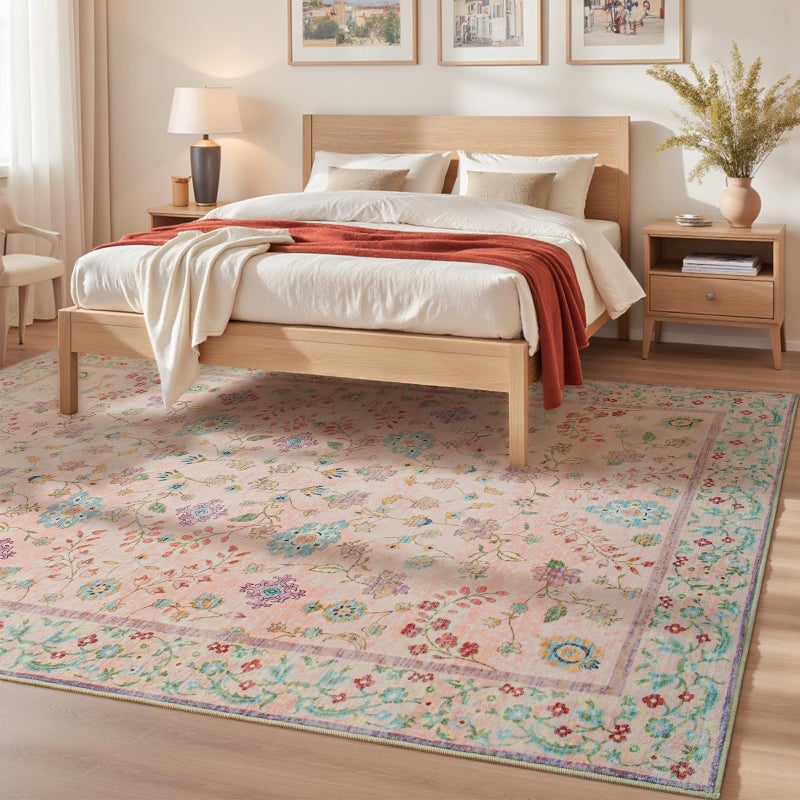 Goideal Pale Pink Nursery Rug, 5x7 Floral Washable Area Rug Non Slip, Boho Low Pile Carpet with Rubber Backing for Bedroom Living Room Bathroom Playroom Entryway Office - Image 3