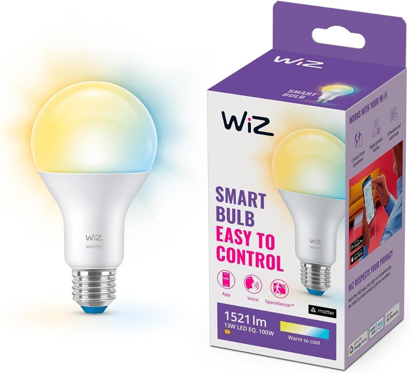 Wiz Tunable White [E27 Edison Screw] Smart Connected WiFi Light Bulb. 100W Cool to Warm White Light, App Control for Home Indoor Lighting, Livingroom, Bedroom. - Image 1