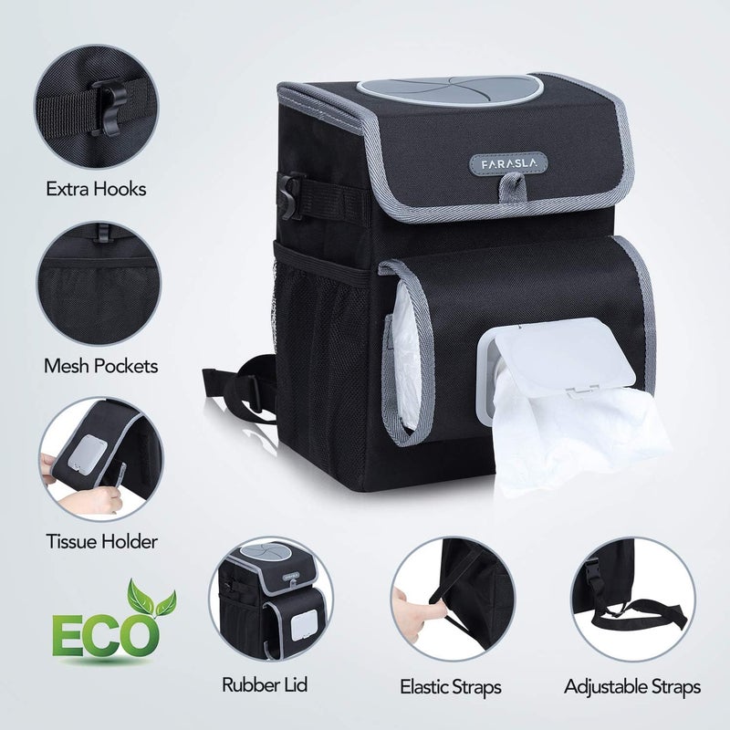 Farasla All-in-One Car Trash Can, Garbage Bag for Car with Removable Leakproof Interior Liner, Adjustable Tissue Holder & Straps(Black) - Image 2