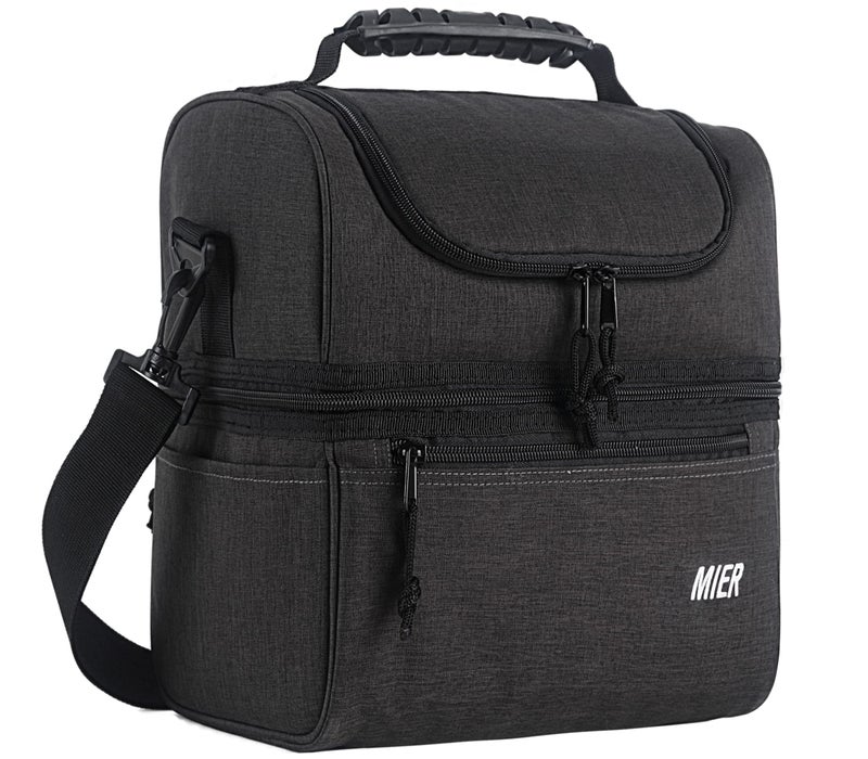 MIER 2 Compartment Lunch Bag for Men Women Leakproof Insulated Cooler Bag for Work Dark Grey Medium