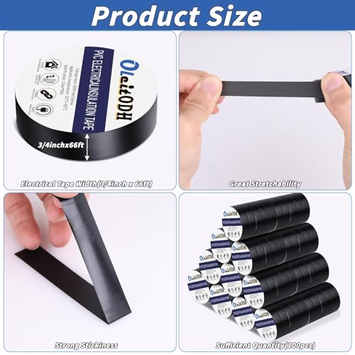 Oleitodh 100 Rolls Black Electrical Tape Bulk 34 Inch x 66ft Waterproof Vinyl Electric Tape High Temp Insulation Tape for Electrical Protection Home Outdoor Electric Insulating Wire Wrapping - Image 3